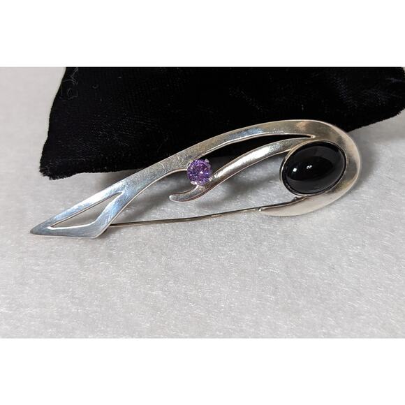 Sterling silver black onyx + amethyst Pin Handmade Large see photos measurements - Picture 11 of 11